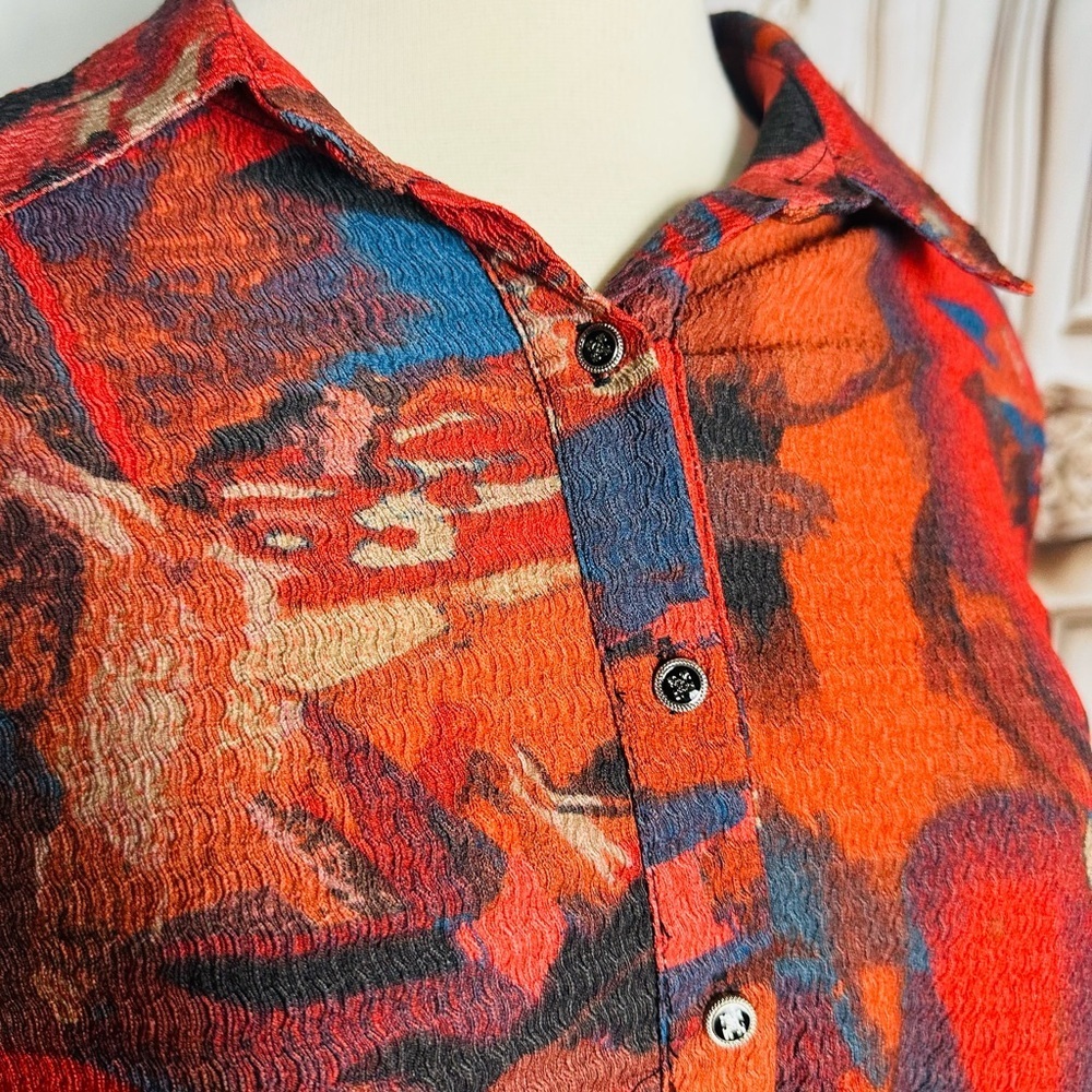 Women's Red Abstract Button-Down Shirt with Long Sleeves - Picture 2 of 9